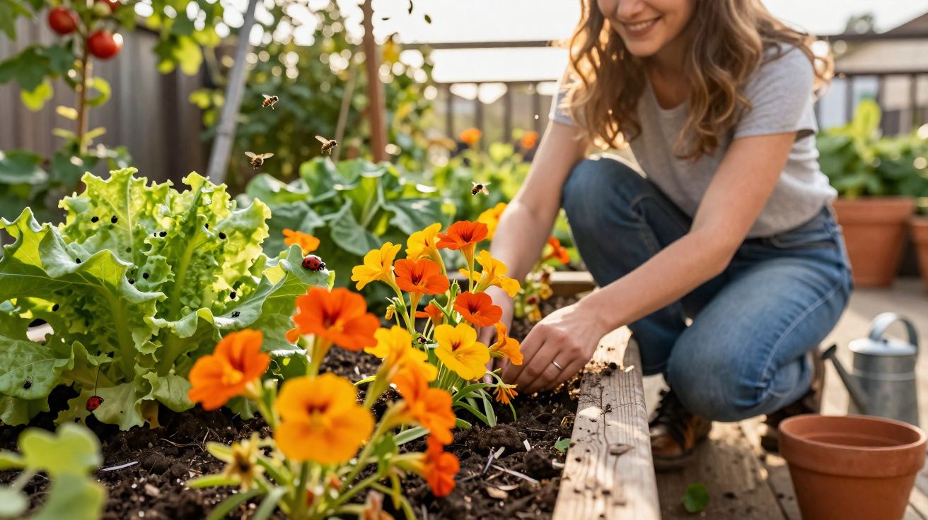 Mulher a cuidar de flores laranja num jardim urbano com abelhas e joaninhas ao redor.