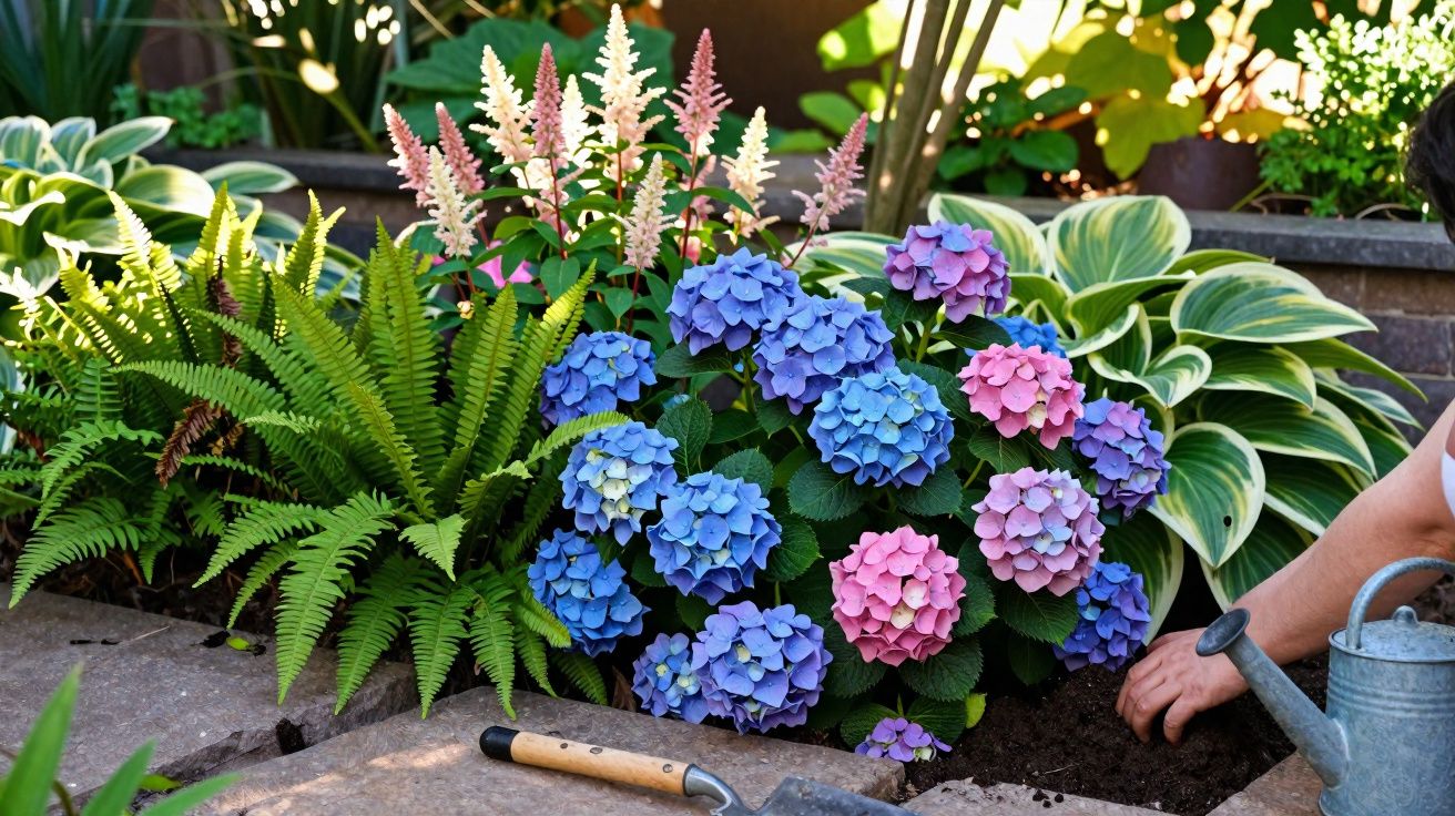 Mãos a plantar flores hortênsias rosas e azuis num jardim com regador e ferramentas.