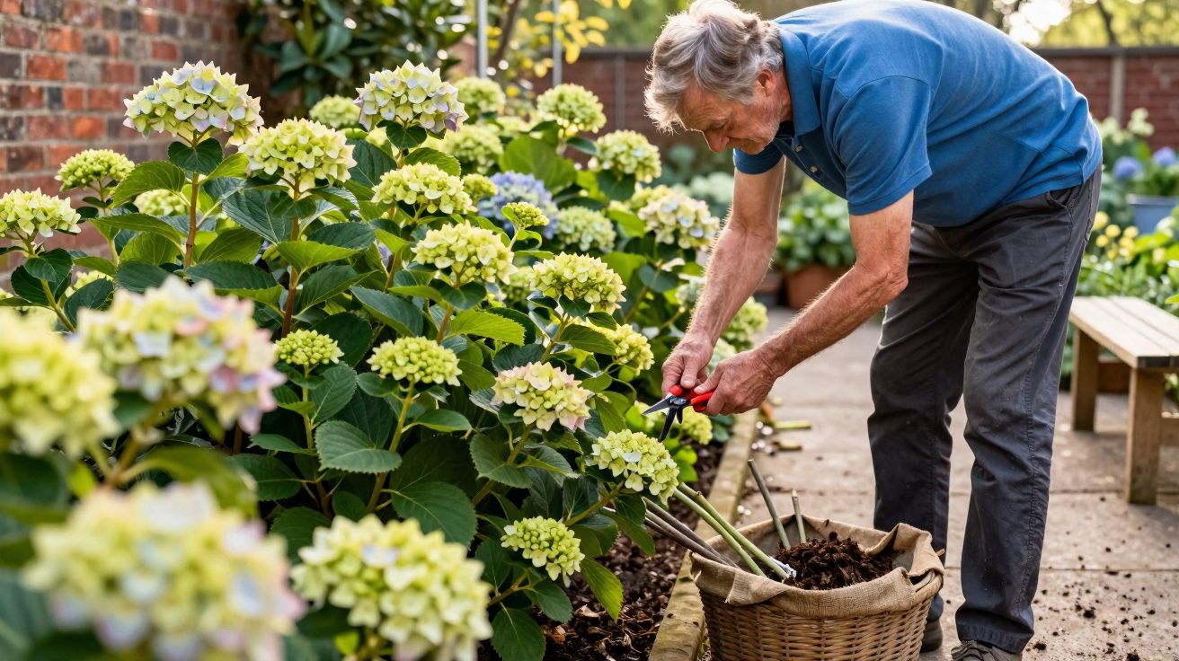 Homem idoso a podar flores de hortênsia amarela num jardim com cesta para plantas cortadas.