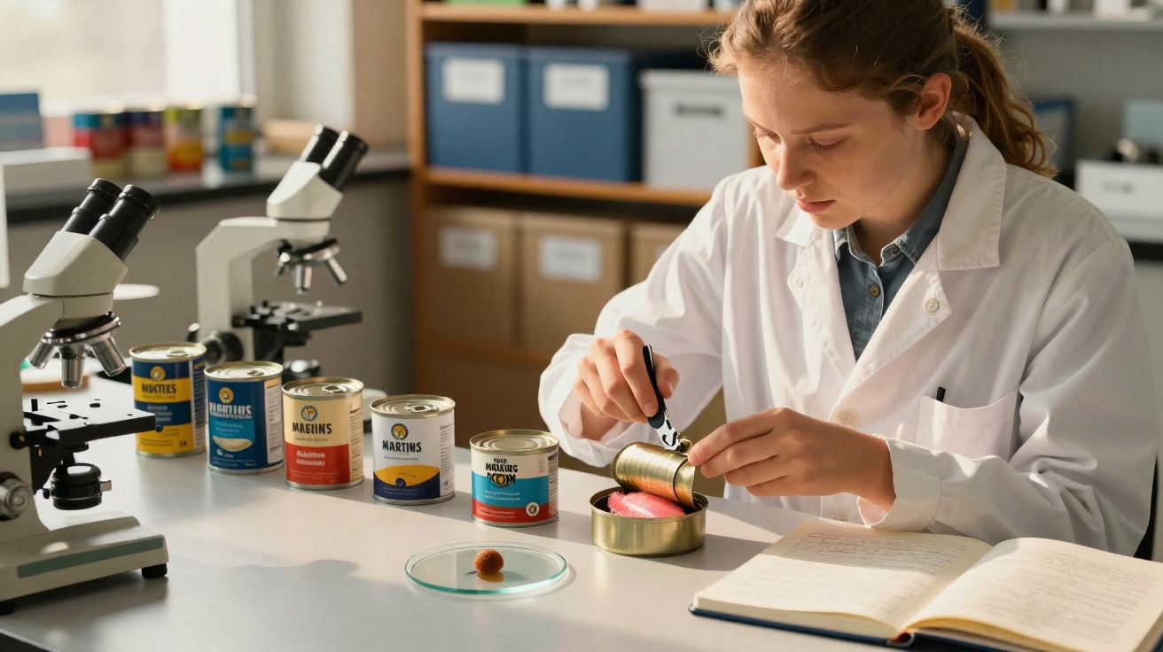 Mulher em laboratório abre lata para examinar conteúdo, com microscópios e livros na mesa.