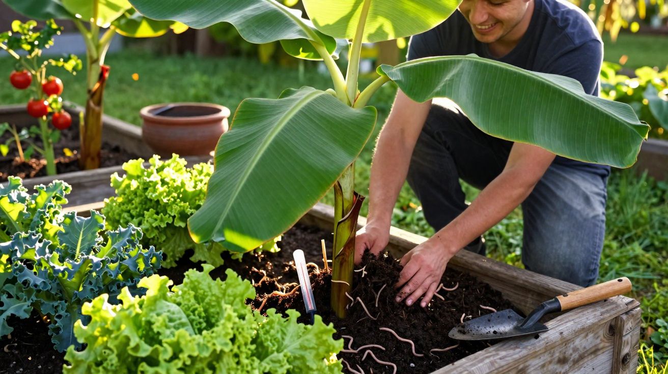 Homem a cuidar do solo com minhocas numa horta urbana com plantas diversas e banana.