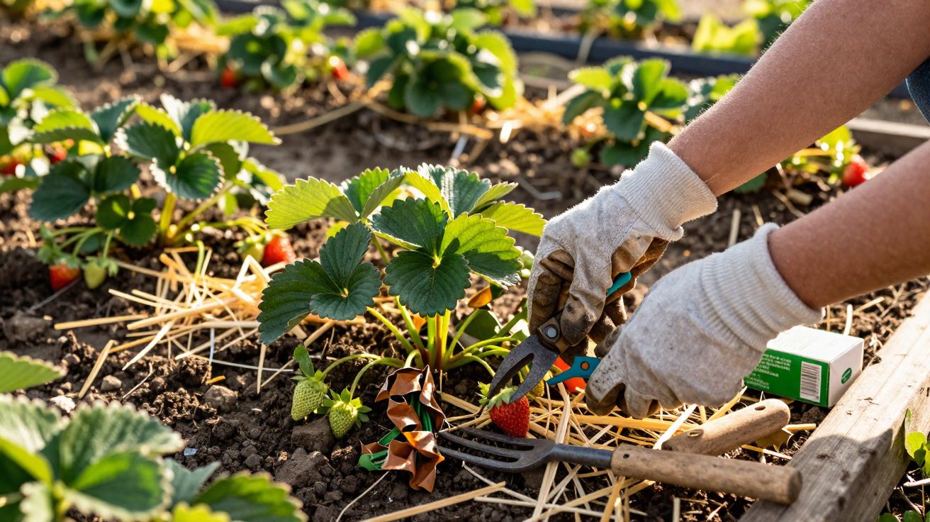 Mãos com luvas a colher morango maduro de um canteiro de jardim com terra e palha.