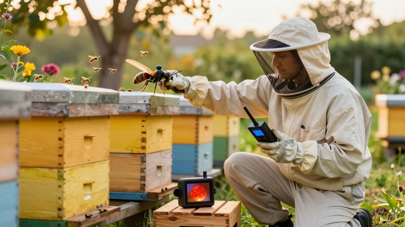 Apicultor com fato protetor a inspecionar colmeias coloridas ao pôr do sol no campo.