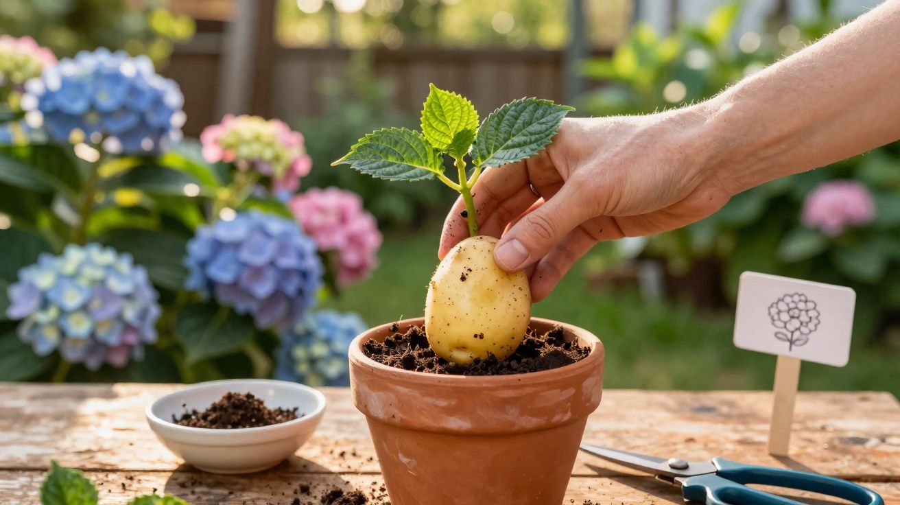 Mão a plantar batata com folhas verdes num vaso de barro, com flores coloridas desfocadas ao fundo.