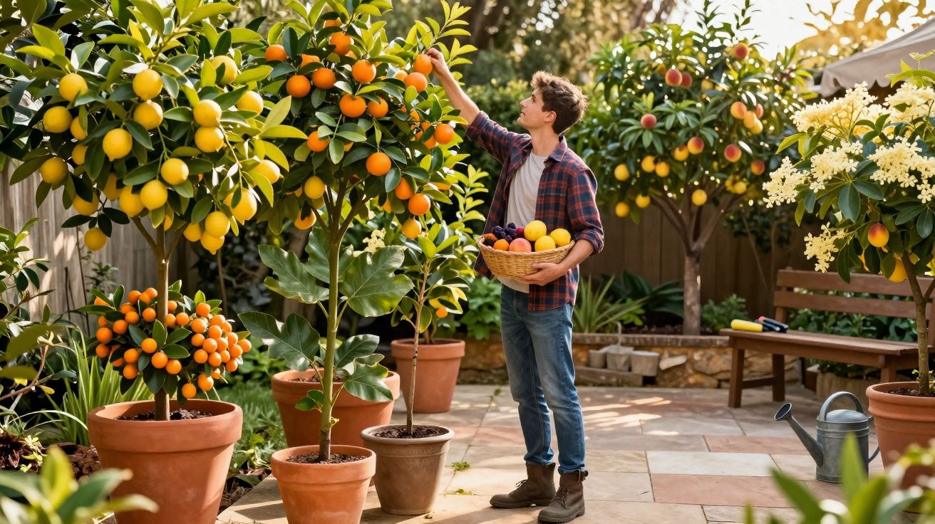 Homem colhendo fruta de árvores cítricas em vasos num jardim ensolarado.