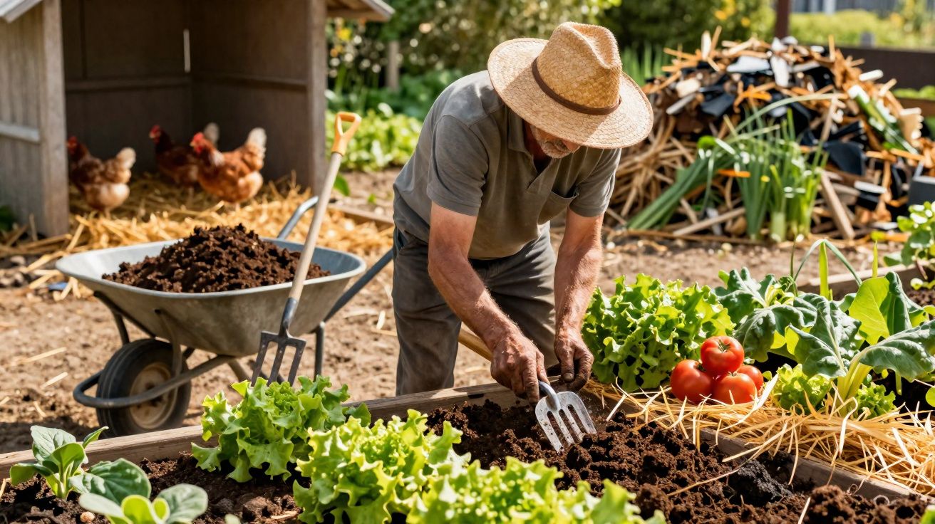 Homem a cultivar legumes numa horta com chapéu, usando enxada em canteiro com alfaces e tomates.