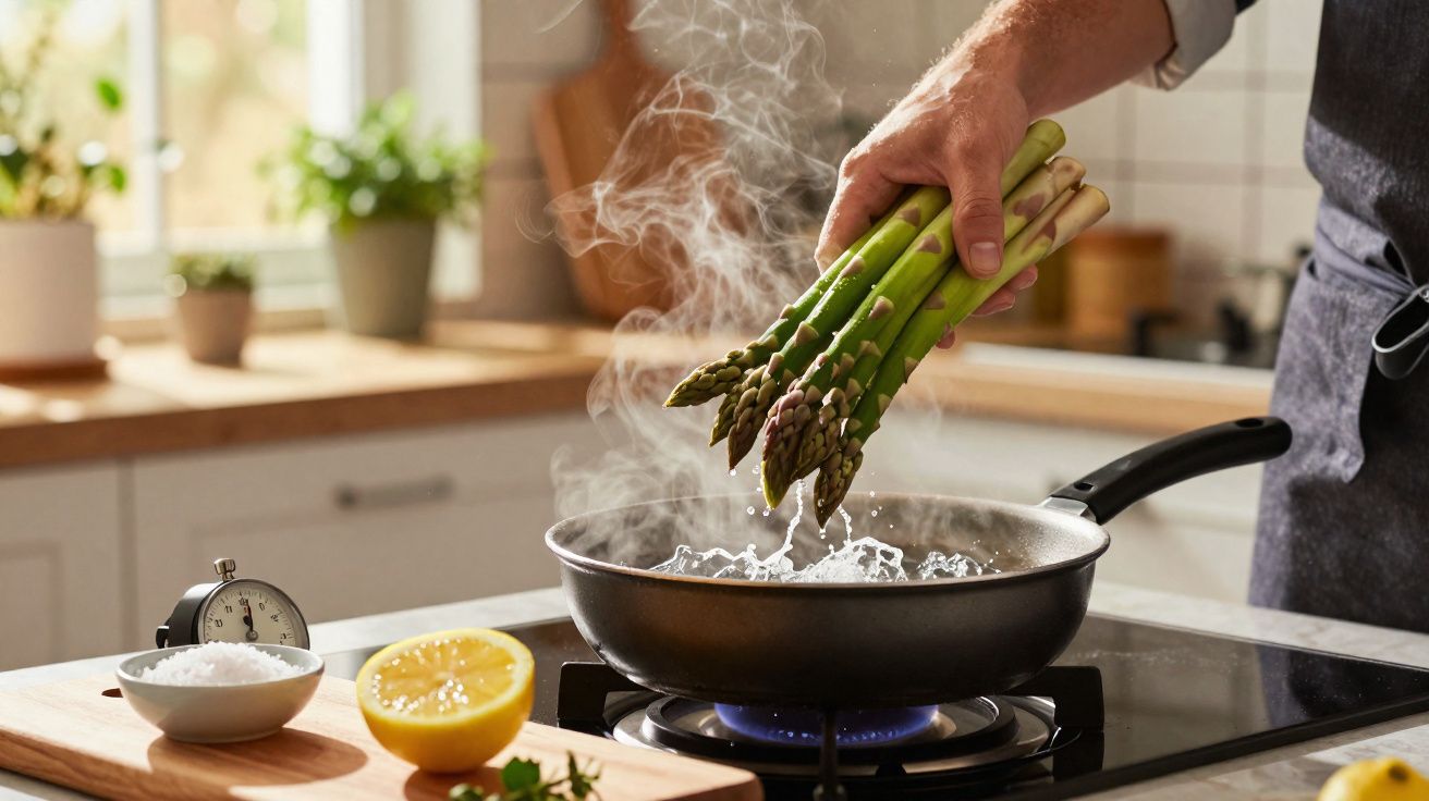 Pessoa a cozinhar espargos frescos numa frigideira com vapor numa cozinha iluminada.