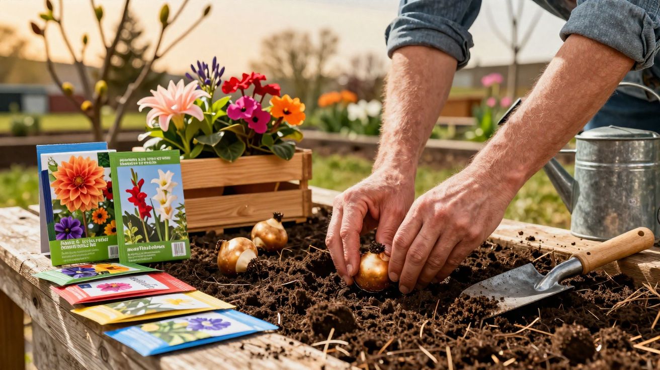 Mãos a plantar bolbos de flores na terra de um canteiro com pacotes de sementes e flores coloridas ao fundo.