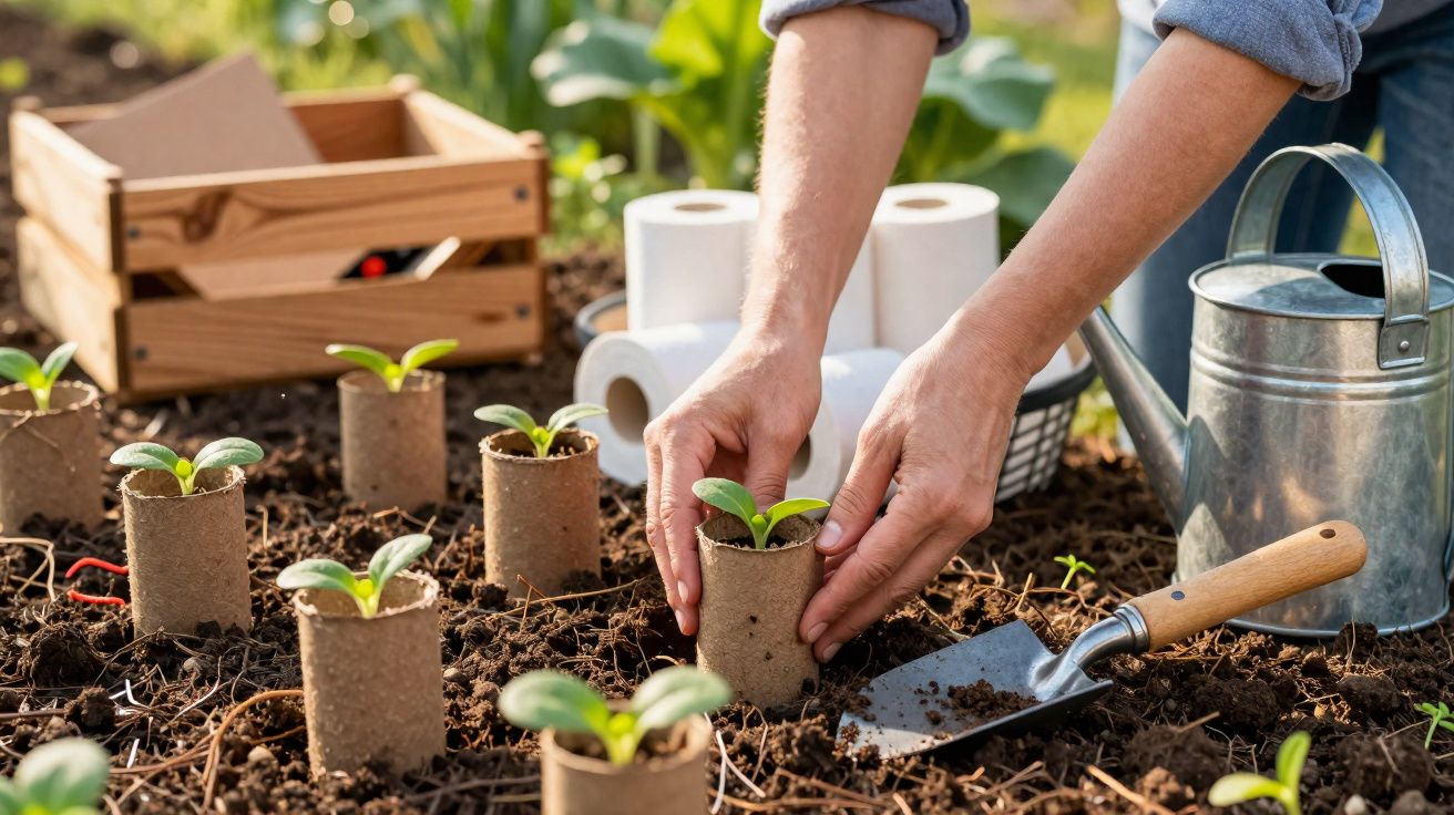 Mãos a plantar rebentos em vasos biodegradáveis no solo, com regador e enxada ao lado no jardim.