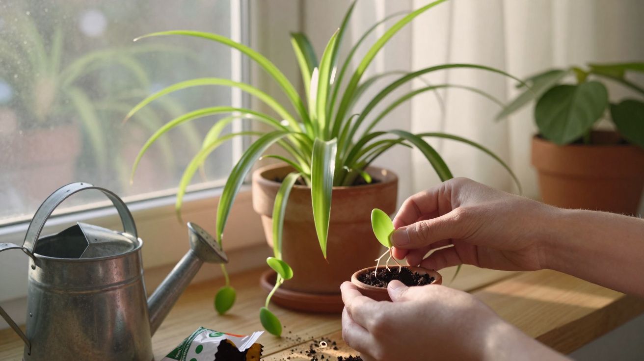 Mãos a plantar uma muda em vaso pequeno junto a regador e plantas em vaso numa janela iluminada.