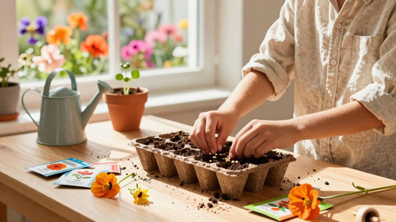 Pessoa a semear sementes em tabuleiro com terra, junto a flores, pacotes de sementes e regador numa mesa junto à janela.