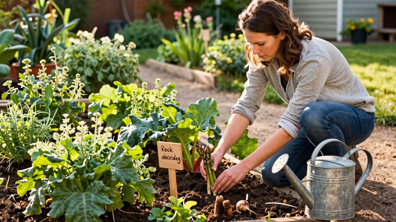 Mulher a cultivar e a colher espargos numa horta doméstica com regador metálico ao lado.