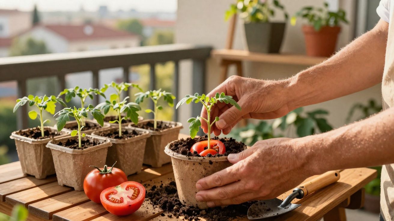 Mãos a plantar uma muda de tomateiro num vaso com tomates frescos e mudas ao fundo numa varanda.