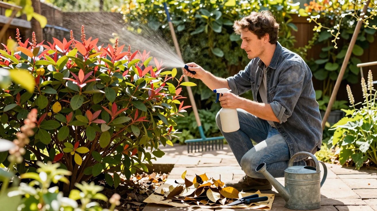 Homem regando planta com pulverizador em jardim ensolarado, com regador e ferramentas no chão.
