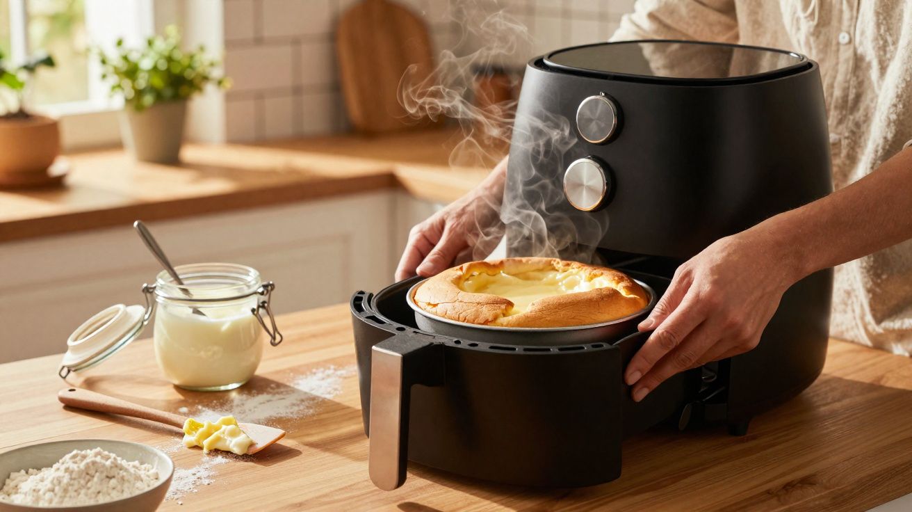 Pessoa retirando torta quente de fritadeira elétrica preta em cozinha iluminada, com ingredientes na bancada.