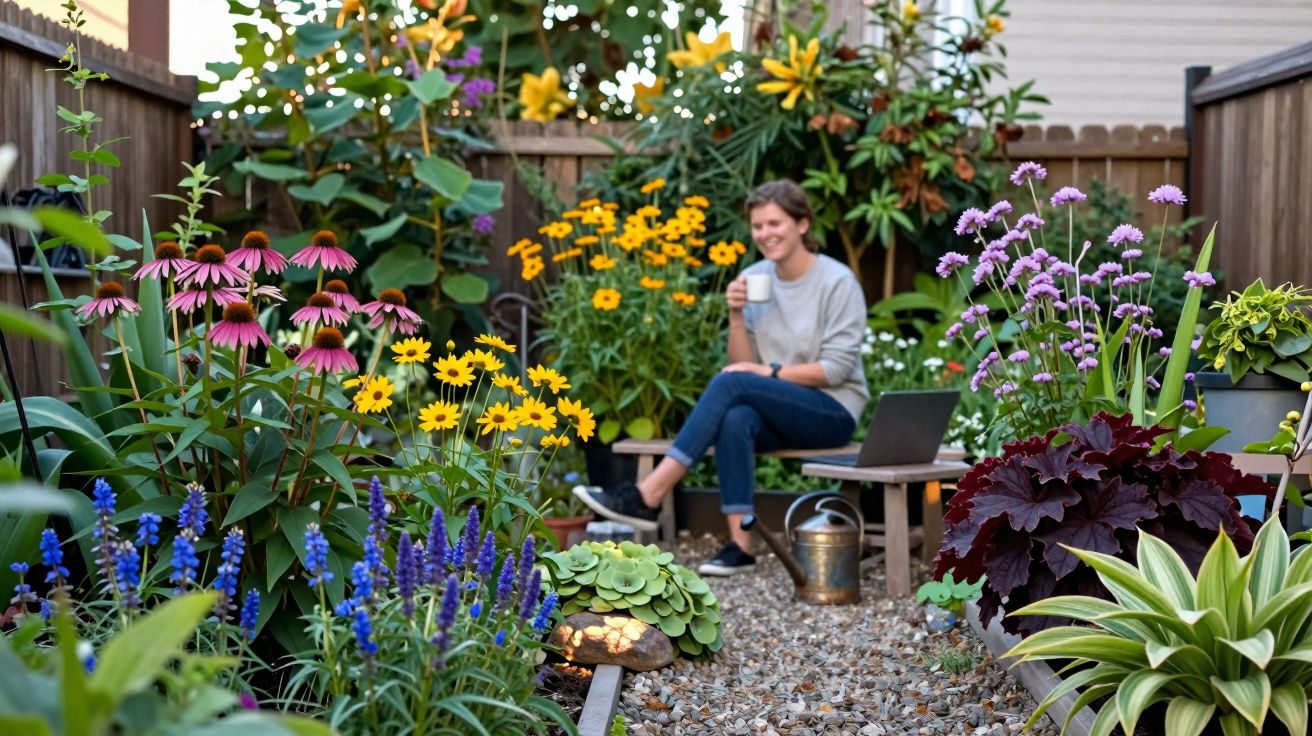 Jovem sentada em banco no jardim florido, sorrindo e segurando uma caneca com laptop ao lado.