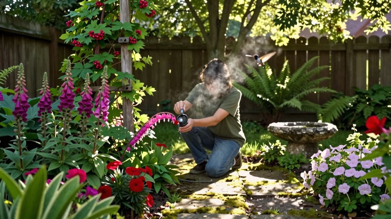 Pessoa agachada regando flores em jardim florido com beija-flor voando próximo ao rosto.