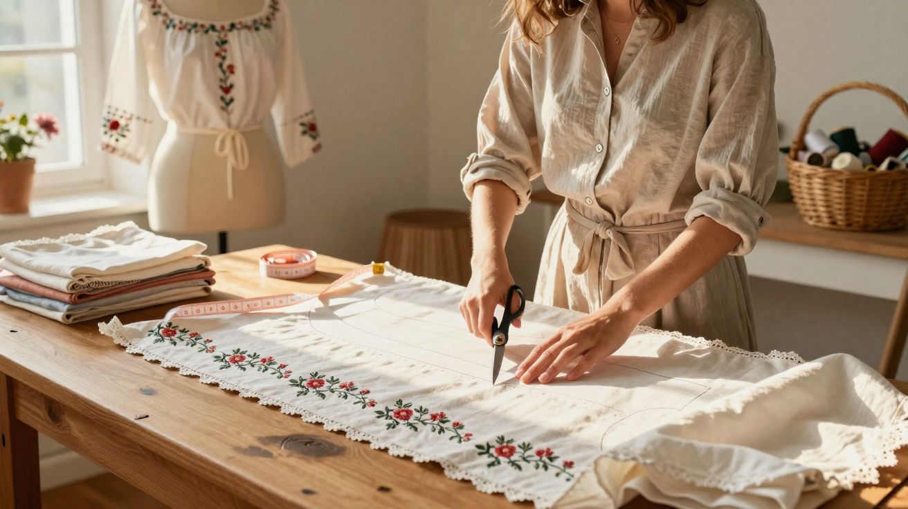 Pessoa cortando tecido bordado em mesa de madeira em ateliê de costura iluminado pela luz natural.