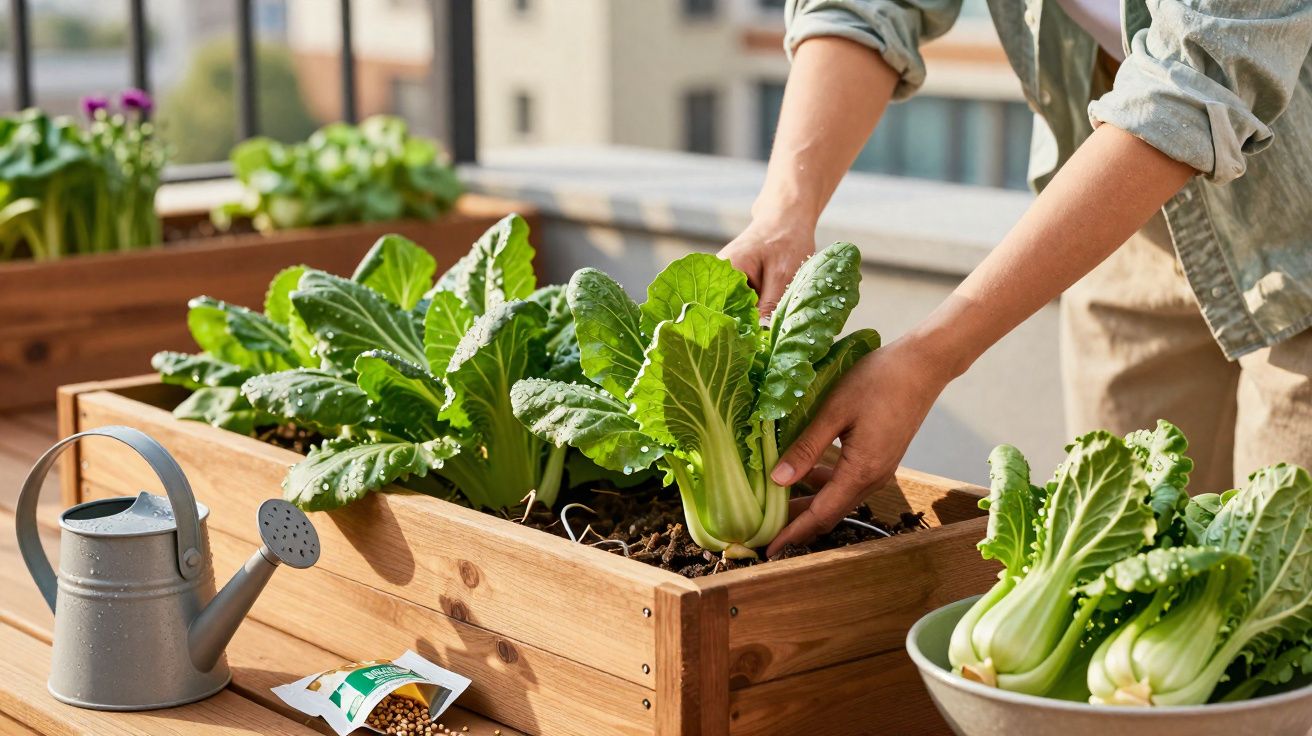 Pessoa colhendo hortaliças frescas em canteiro elevado de madeira na varanda ensolarada.