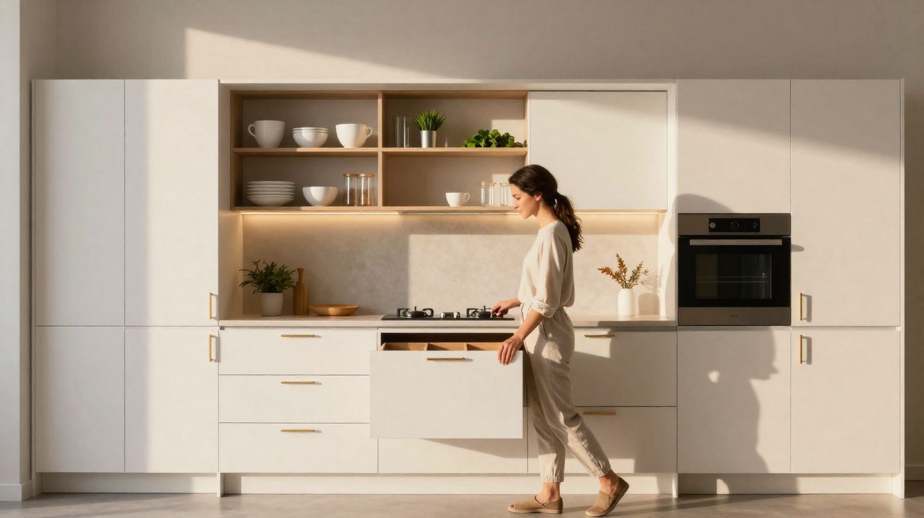 Mulher em roupa clara abrindo gaveta em cozinha moderna branca com armários, forno e prateleiras iluminadas.