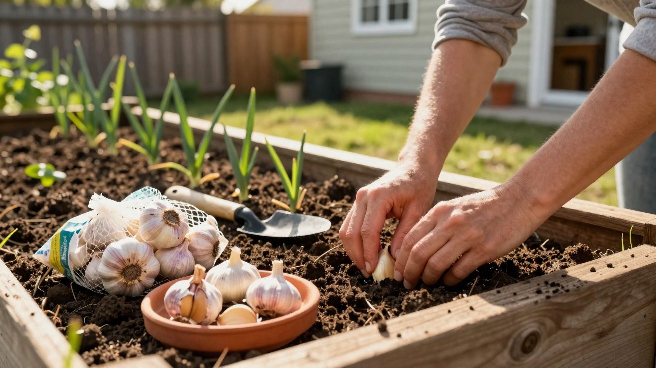 Pessoa plantando dentes de alho em canteiro de madeira com ferramentas e alho ao redor.