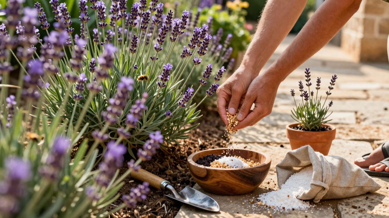 Mãos semeando sementes em vaso com plantas de lavanda ao lado de pá pequena e saco de adubo.