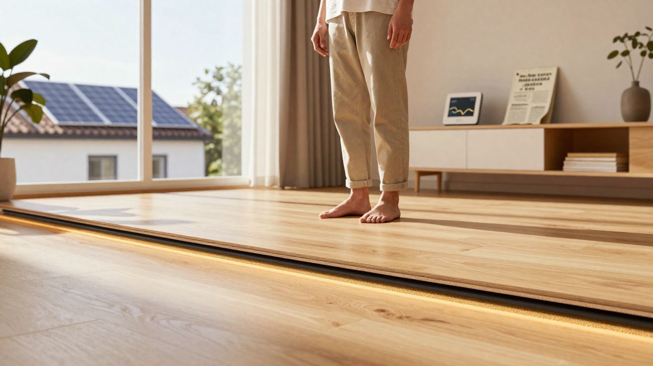 Pessoa descalça em piso de madeira clara com iluminação embutida em ambiente interno iluminado.