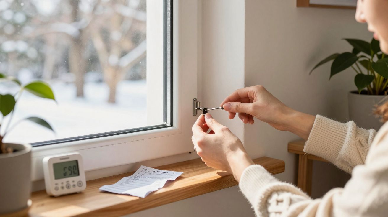 Pessoa girando chave para abrir janela com vista para árvore e neve do lado de fora.