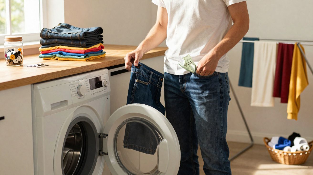 Pessoa segurando um par de calças jeans na lavanderia, com máquina aberta e roupas dobradas ao lado.