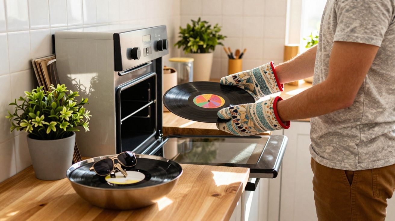 Pessoa usando luvas de forno segurando disco de vinil perto de forno em cozinha iluminada natural.