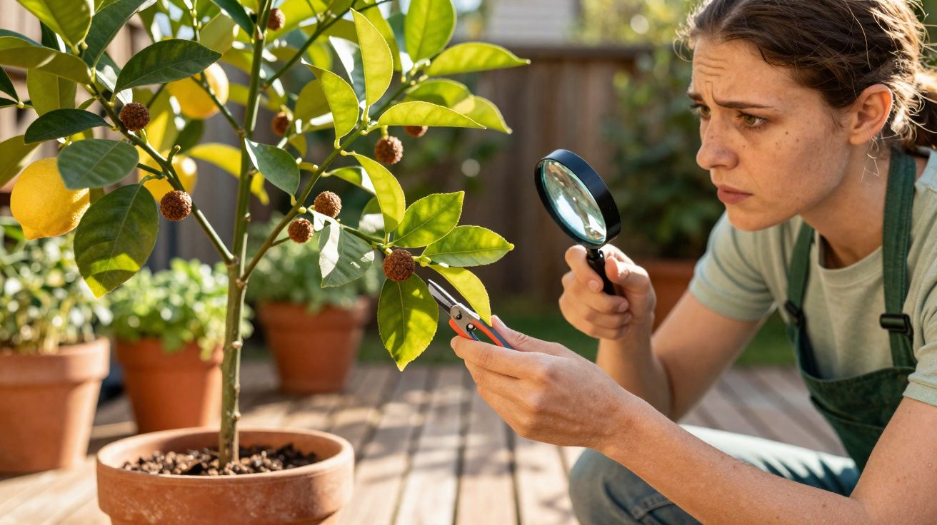 Mulher examinando folhas de limoeiro com lupa e tesoura de poda em varanda ensolarada.
