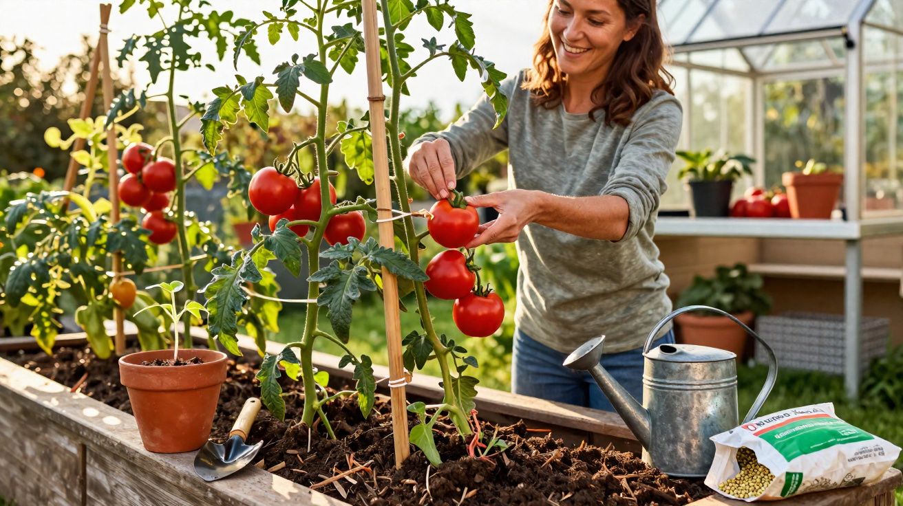 Mulher colhendo tomates vermelhos em horta elevada com regador e sementes ao lado.