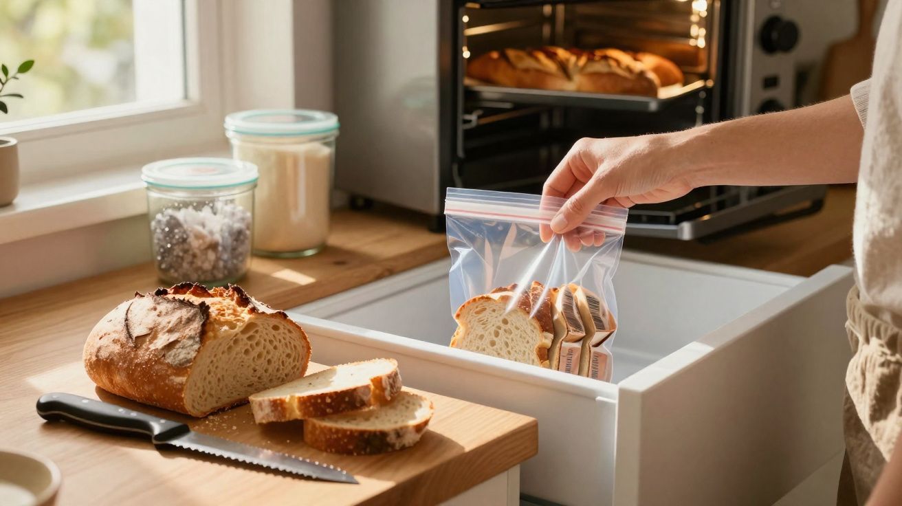 Mão guardando fatias de pão em saco plástico, pão e faca sobre bancada próxima a forno e janela.