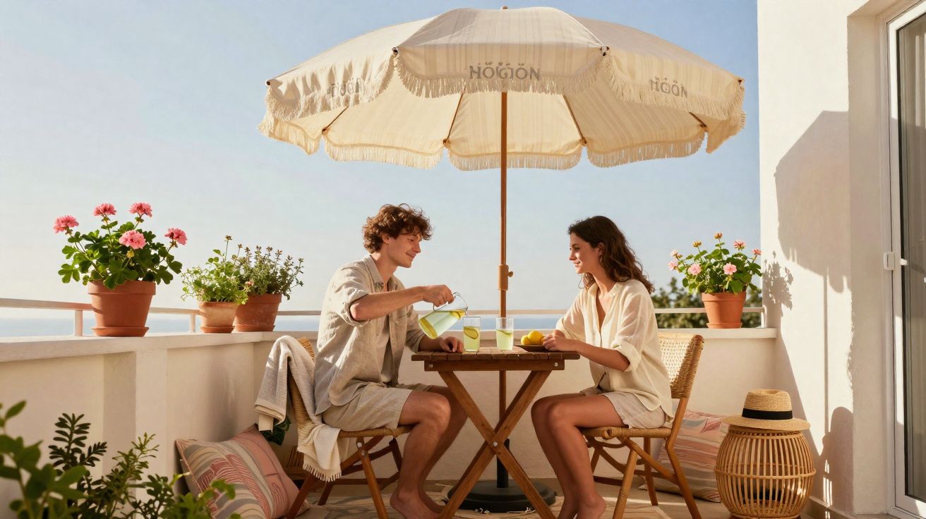 Casal sentado em varanda ensolarada, sob guarda-sol, compartilhando suco com plantas ao redor.