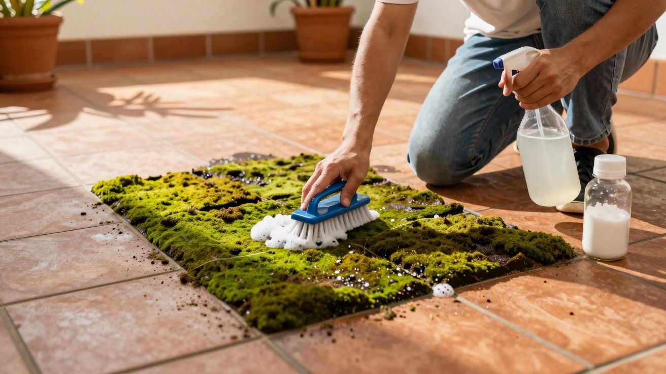 Pessoa limpando musgo verde do chão de azulejos com escova, borrifador e recipiente de pó branco.