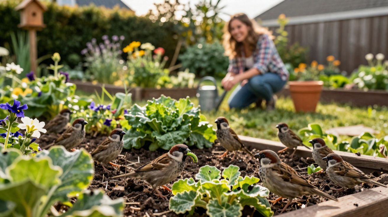 Pássaros alimentando-se em canteiros de jardim com mulher agachada ao fundo sorrindo.