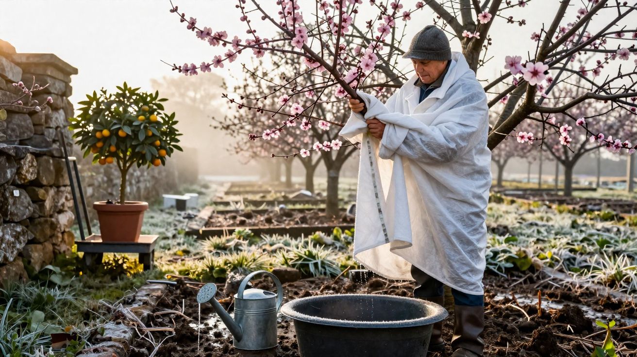 Pessoa vestindo casaco grosso e touca, cuidando de árvore florida em jardim com regador e bacia preta.