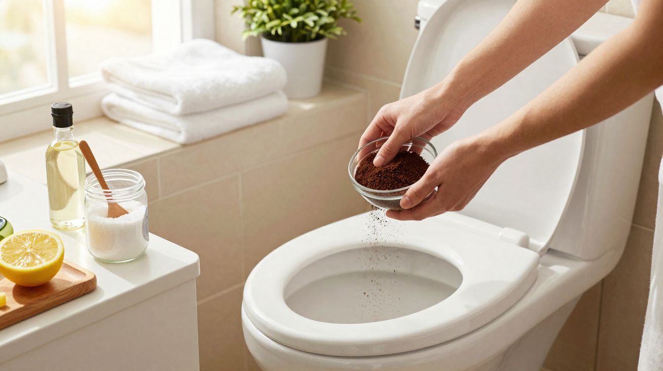 Pessoa despejando café moído dentro da privada em banheiro iluminado com produtos naturais ao lado.