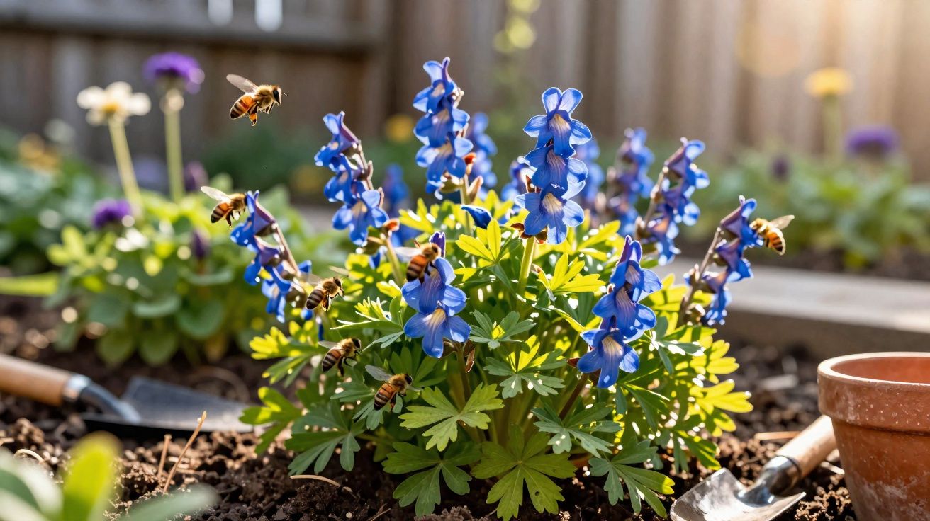 Abelhas voando sobre flores azuis em jardim com ferramentas de jardinagem ao redor.