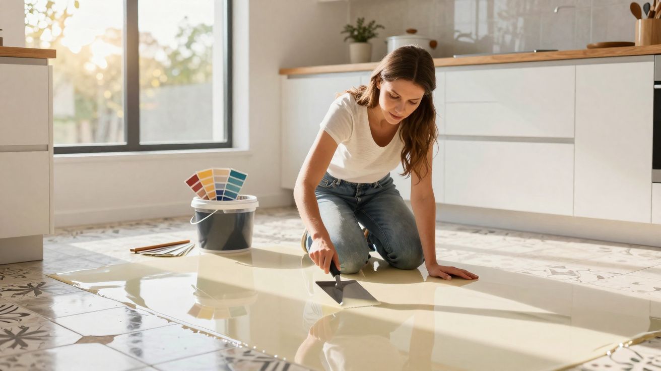 Mulher aplicando revestimento epóxi brilhante no chão da cozinha moderna iluminada.