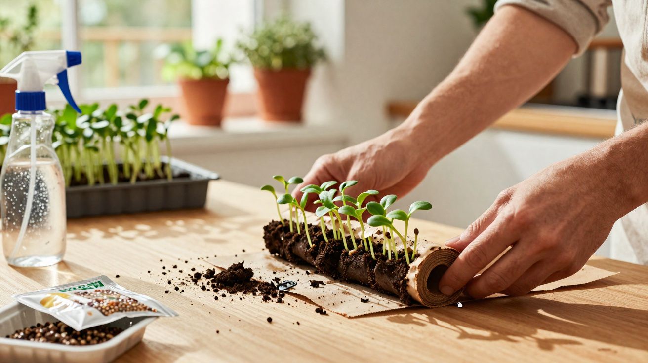 Mãos enrolando substrato com mudas de plantas em uma mesa de madeira, com sementes e borrifador ao lado.