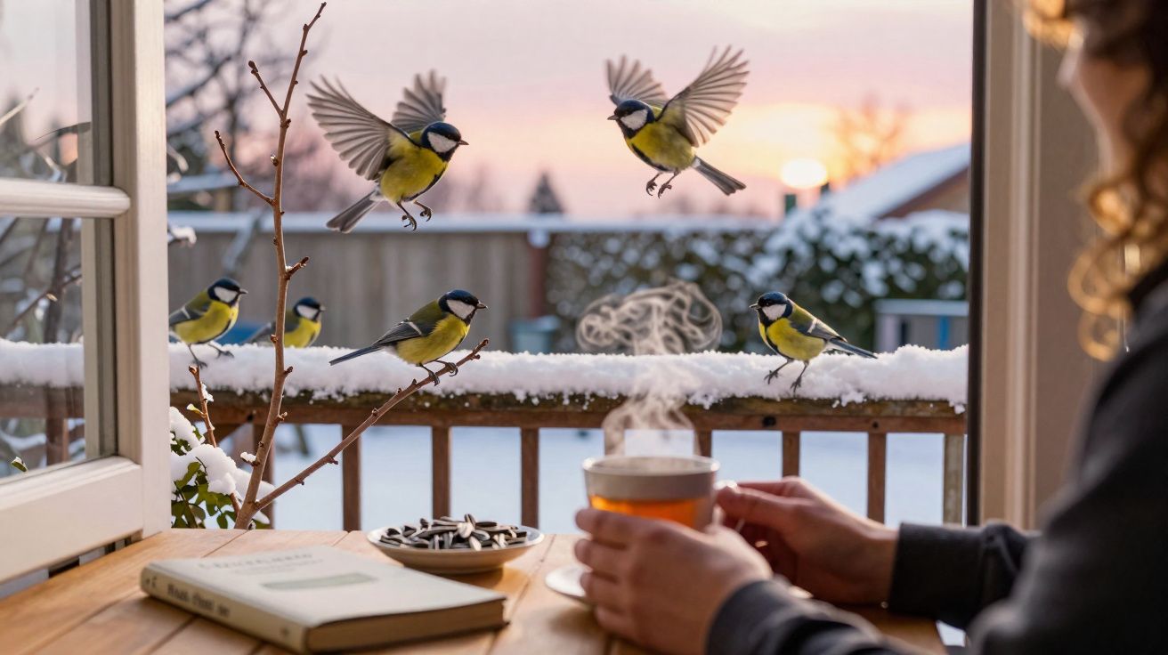 Pessoa segurando xícara de chá perto da janela aberta com pássaros sobre o parapeito coberto de neve ao pôr do sol.