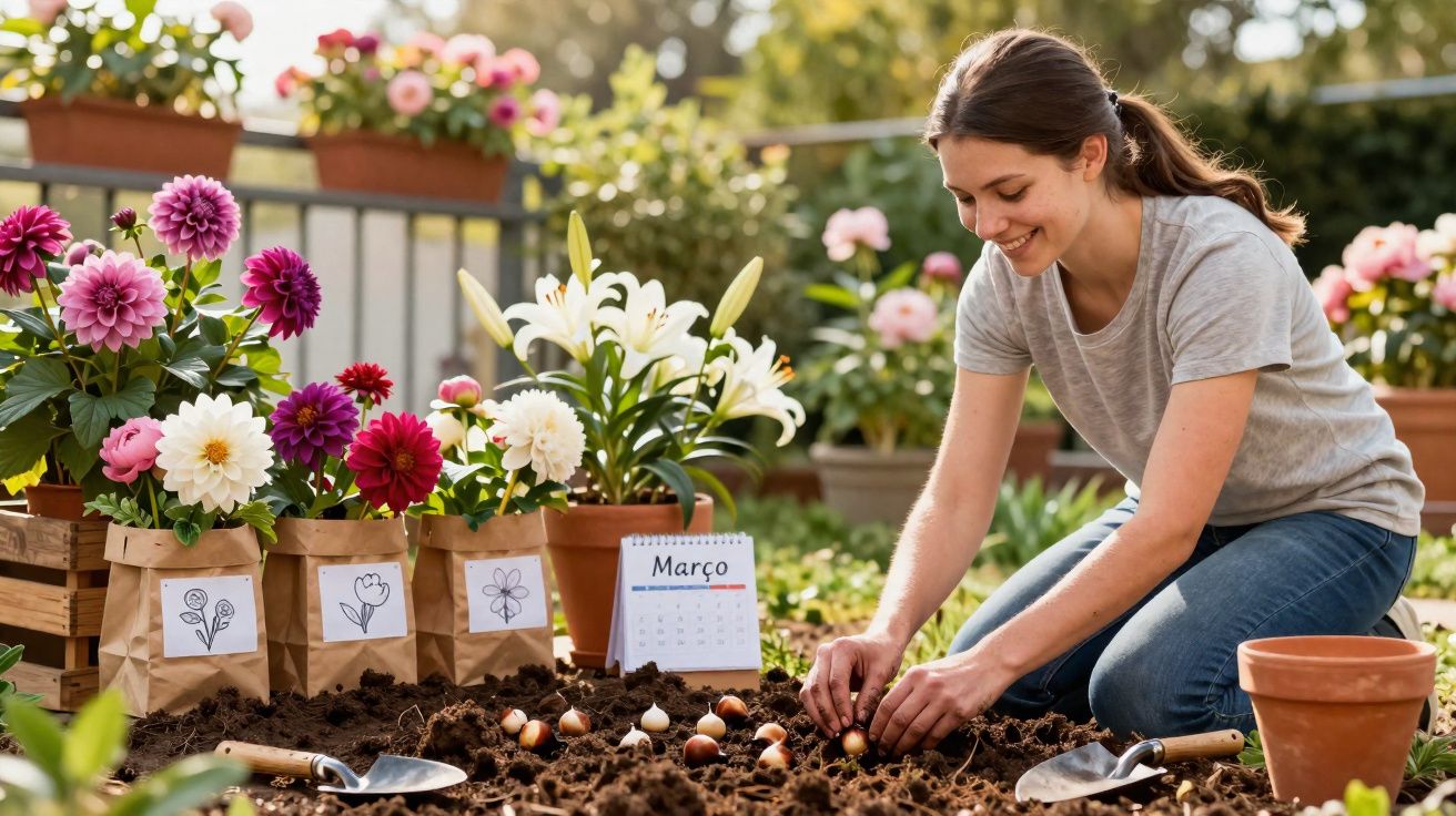 Jovem sorridente plantando bulbos em jardim com flores coloridas e calendário de março ao fundo.