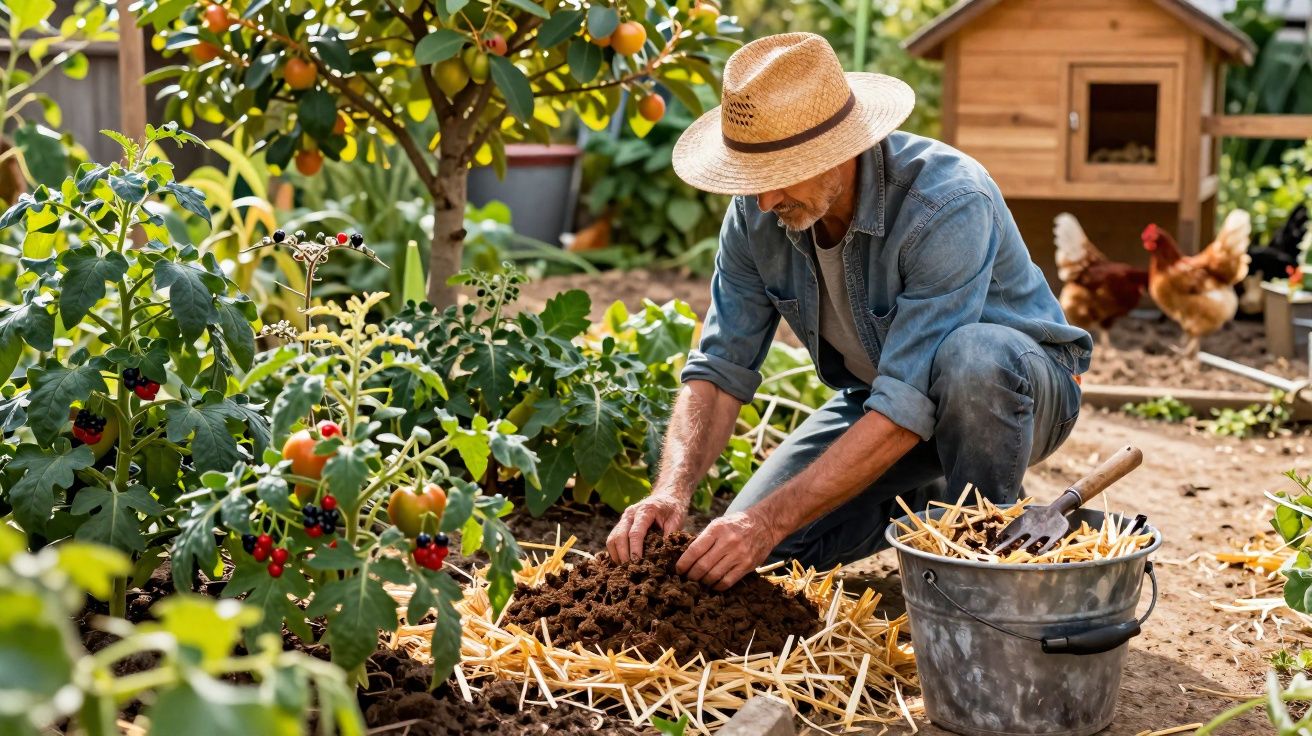 Homem com chapéu cuida da terra em horta, cercado por plantas e galinhas ao fundo.