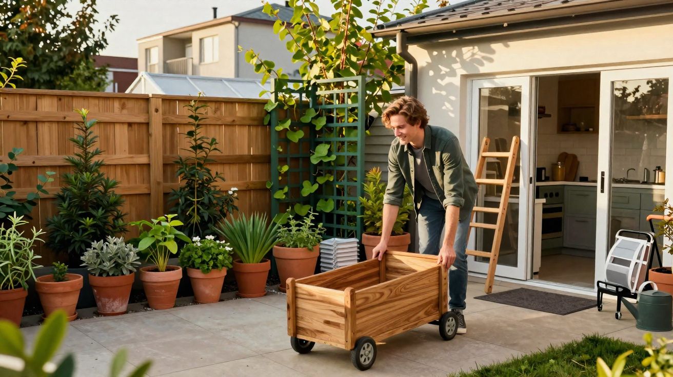 Homem jovem empurrando carrinho de madeira em jardim com vasos de plantas ao fundo.