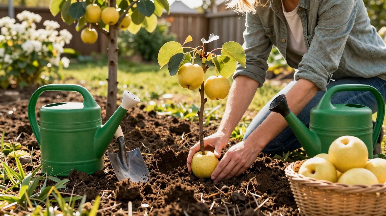 Pessoa cuidando de muda de macieira com maçãs amarelas no jardim, ao lado de regadores e cesta com frutas.