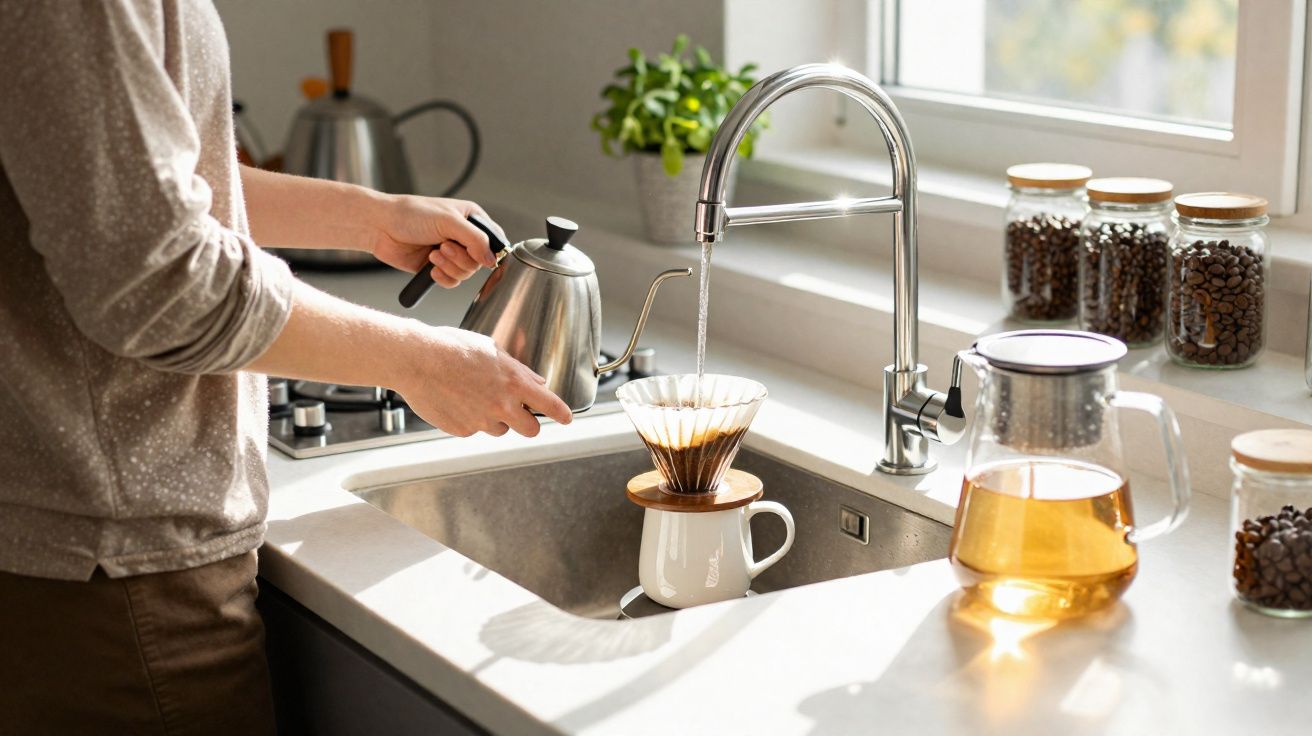 Pessoa preparando café coado na pia da cozinha com jarra de chá e potes de grãos ao fundo.