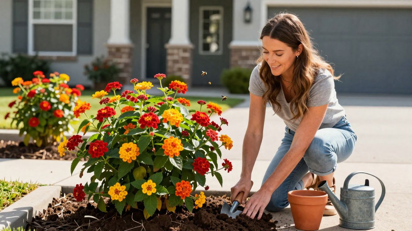 Mulher agachada cuidando de flores coloridas em jardim na frente de casa ensolarada.