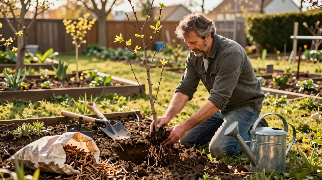 Homem plantando árvore jovem em jardim com regador, pá e terra ao redor em dia ensolarado.