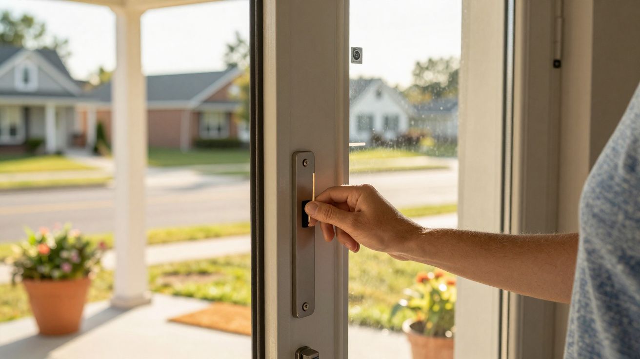 Pessoa abrindo porta de vidro de casa com vista para jardim e vizinhança ao fundo.